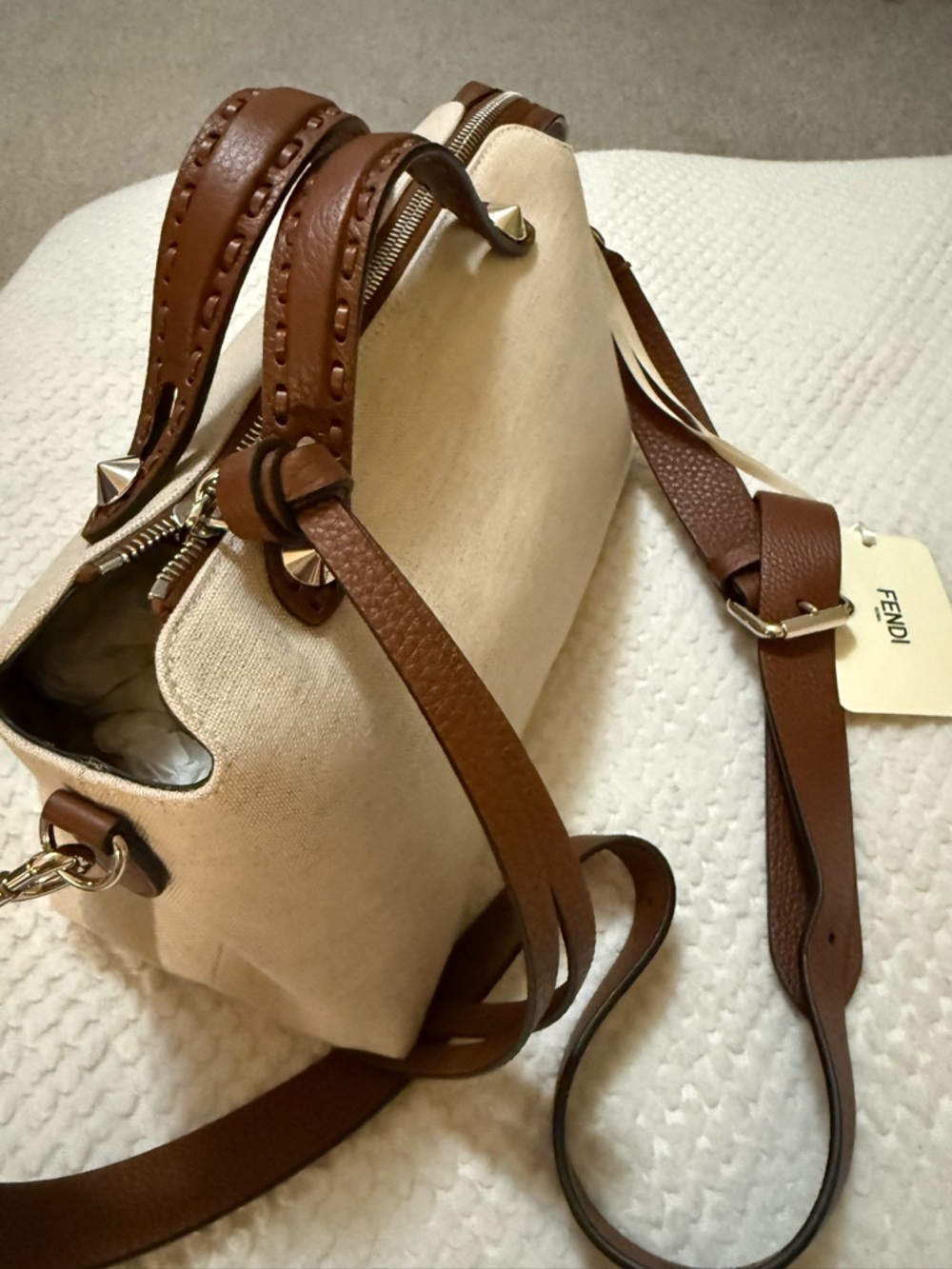 Fendi Beige and Brown Leather Satchel with Adjustable Strap - Picture 2 of 9